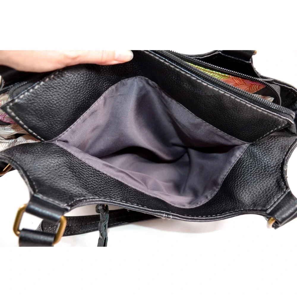 The Sak Black Pebbled Leather Hobo Shoulder Bag Zip Double Handle‎ 3 Section